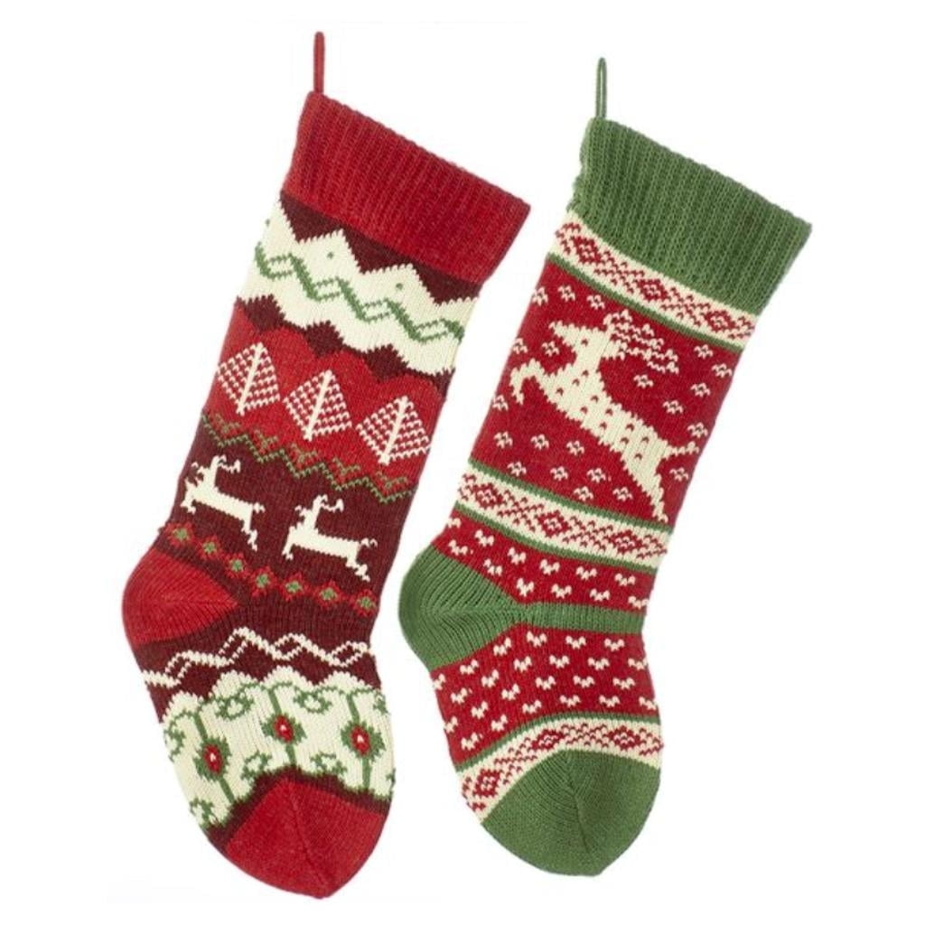 20-Inch Red, Green, and Ivory Knit Reindeer Christmas Stockings