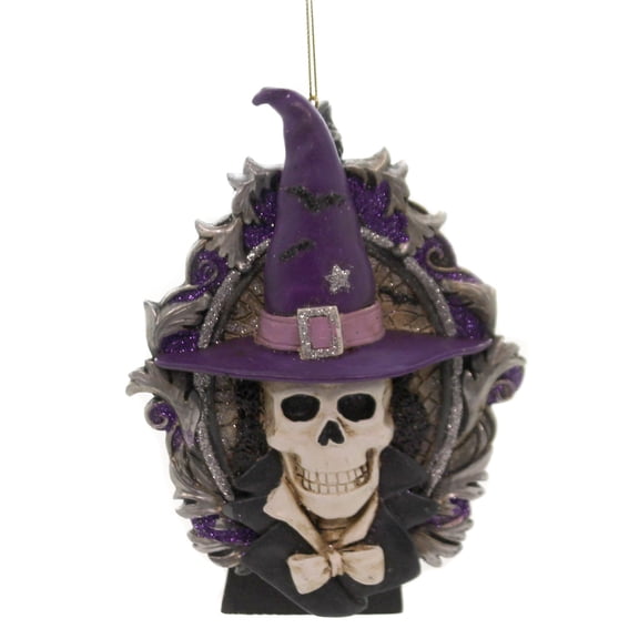 Kurt S. Adler 6.50In 3D Skull Portrait On Easel, Resin, Free Standing Bats Hw1800 Purple