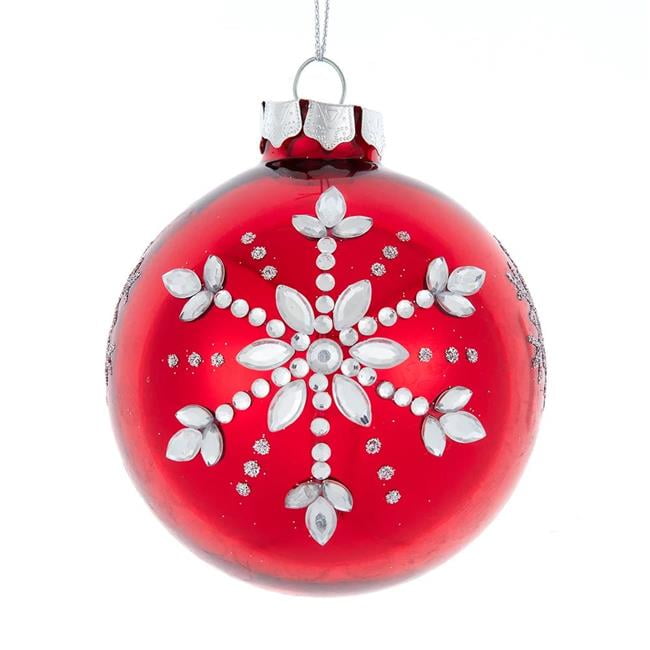 80MM Shiny Red Glass Ornaments with Silver Snowflakes, Set of 6