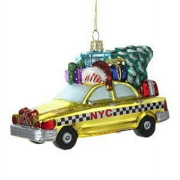 Kurt Adler Glass New York City Checker Taxi Ornament with Christmas Tree, Holiday Collectible Dcor