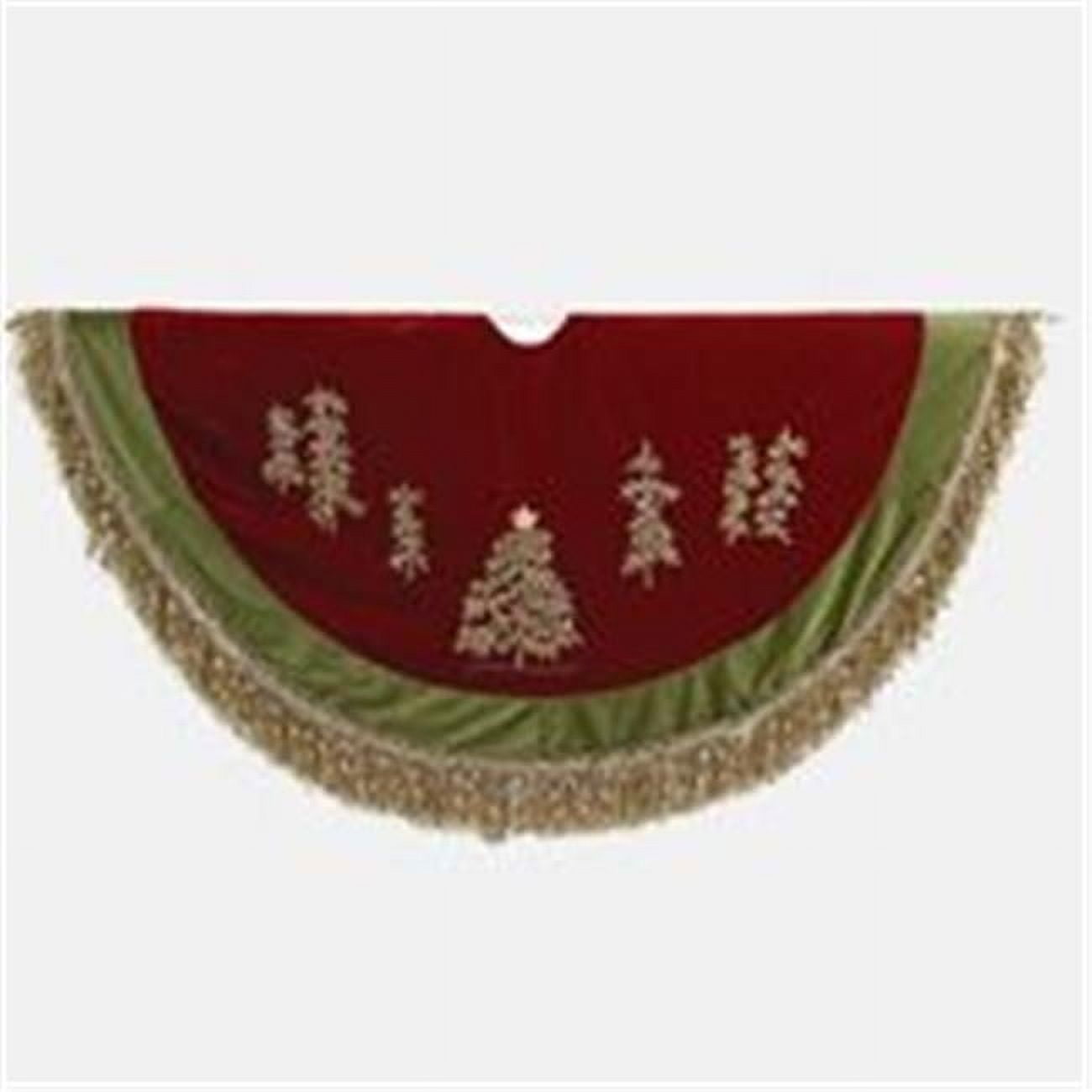 Burgundy Velvet Christmas Tree Skirt with Green Tassel Border