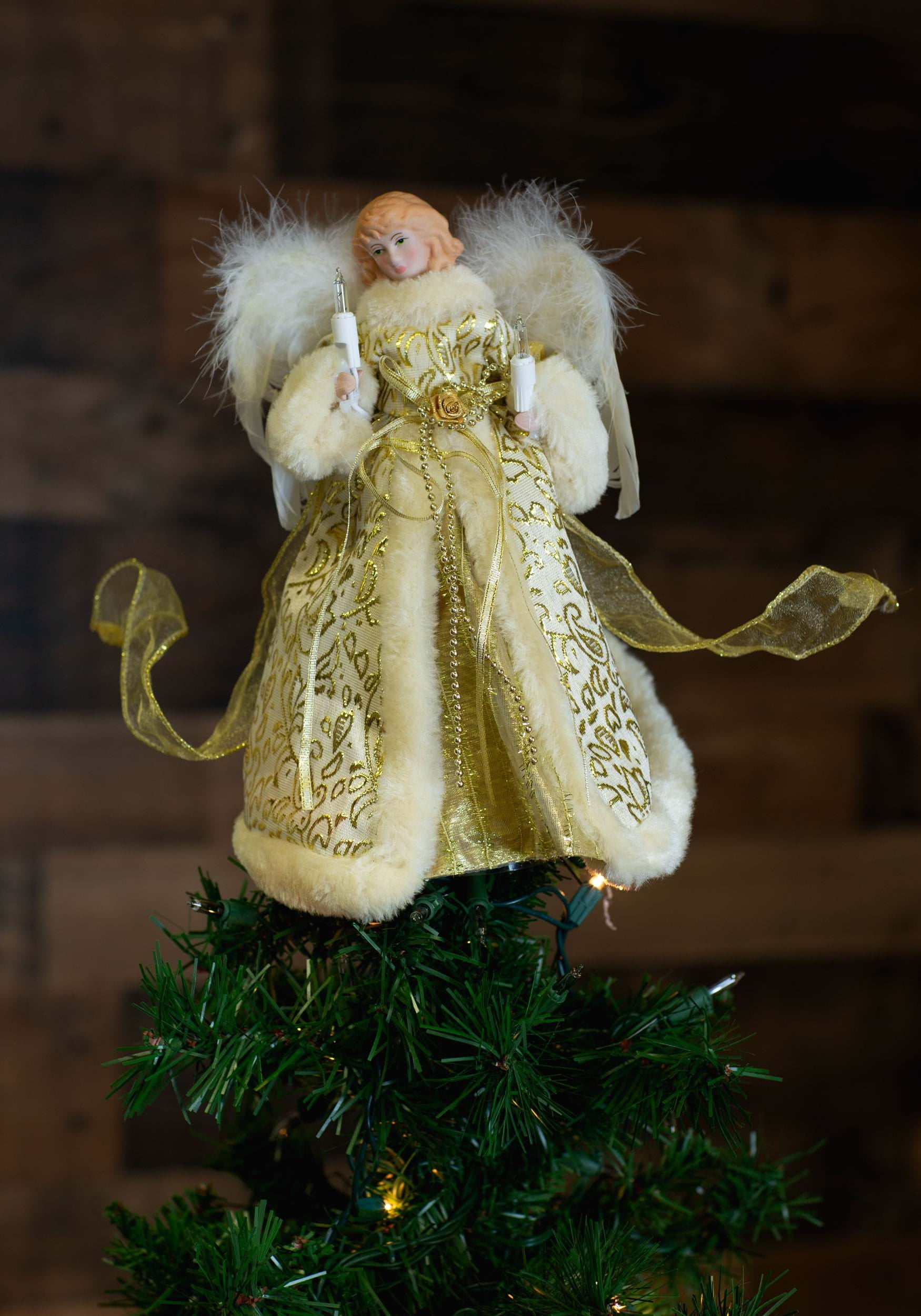 Ivory and Gold Porcelain Angel Tree Topper with Lights