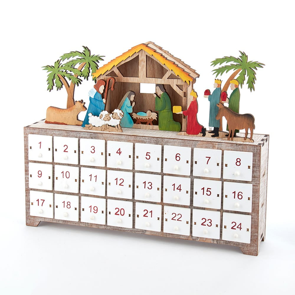 10.4-Inch Multicolor Wooden Nativity Advent Calendar with LED Lights