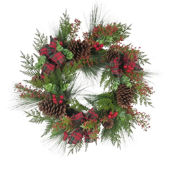 Kurt Adler Artificial Berries and Pinecones Ribbon Rattan Wreath Christmas Decoration, Brown/Green,  24"