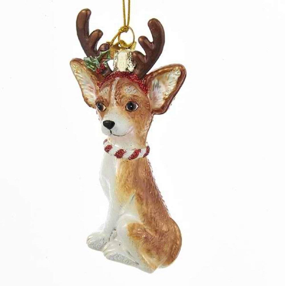 4" Light Brown and White Glass Chihuahua Ornament with Antlers