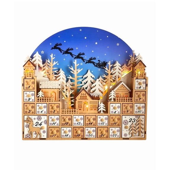 Kurt S. Adler Santa's Sleigh and Christmas Village 15" Light-Up LED Wooden Advent Calendar, Battery-Operated