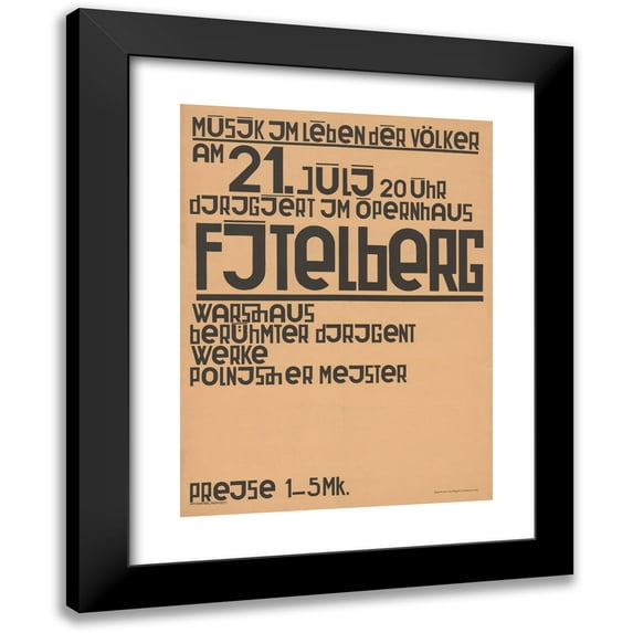 Kurt Schwitters 11x14 Black Modern Framed Museum Art Print Titled - Music in the Life of the Peoples, on July 21, 8 P.M., Conducted in the Fitelberg Opera House, Warsaw Famous Conductor, Works of Pol