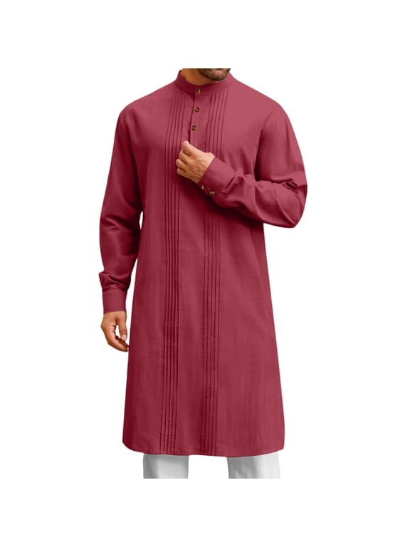 Kurta Set for Men Kaftan for Men Caftan Thobe for Men Mens Kaftan Mens Kaftan Robe Button Down Long Sleeve Cotton Linen Thobe Casual Muslim Gown Henley Shirt, Wine-XXXL