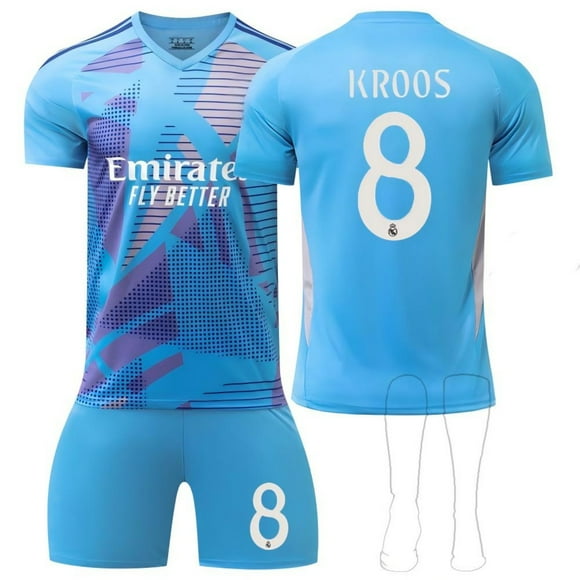 KuruS 2425 Spain Soccer Club Jerseys 2 Piece Sets, Number 8 KROOS Printed Short Sleeve Shirts Shorts Soccer Kits, RM Goalkeeper Style Soccer Suits for Kids, 8/28