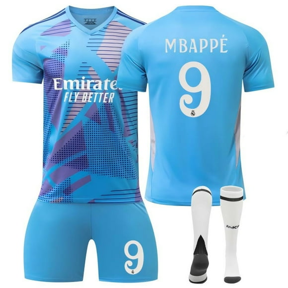 KuruS 2425 Spain Soccer Club Jerseys 3 Piece Sets, Number 9 MBAPPE Printed Short Sleeve Shirts Shorts Soccer Kits with Socks, RM Goalkeeper Style Soccer Suits for Kids, 9/20