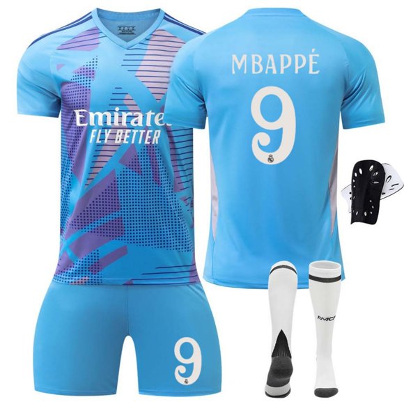 KuruS 2425 Spain Soccer Club Jerseys 4 Piece Sets, Number 9 MBAPPE Printed Short Sleeve Shirts Shorts Soccer Kits with Socks and Kneepads, RM Goalkeeper Style Soccer Suits for Kids, 9/28
