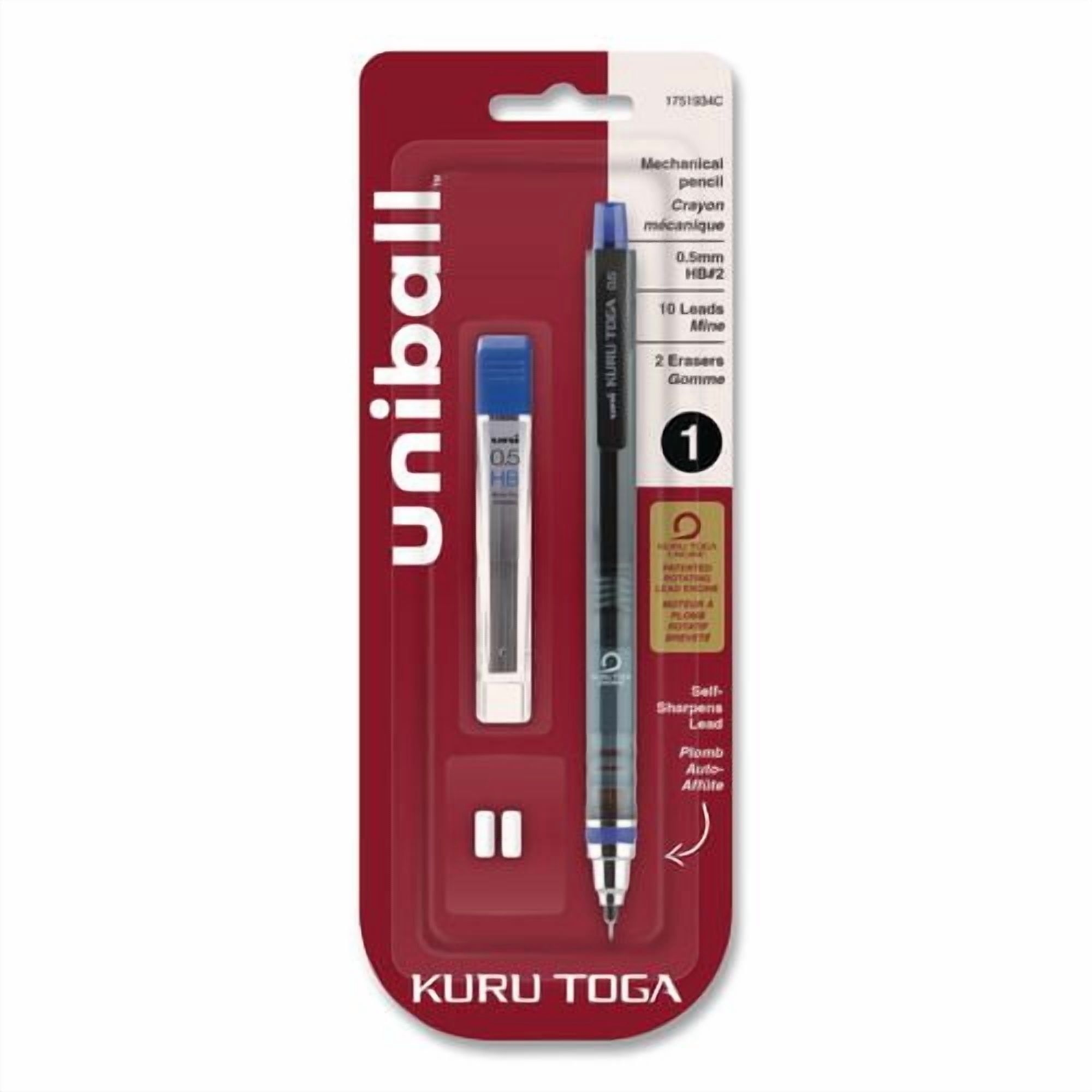 KuruToga Mechanical Pencil with Tube of Lead/Erasers, 0.5 mm, HB (#2), Black Lead, Black Barrel | Bundle of 10