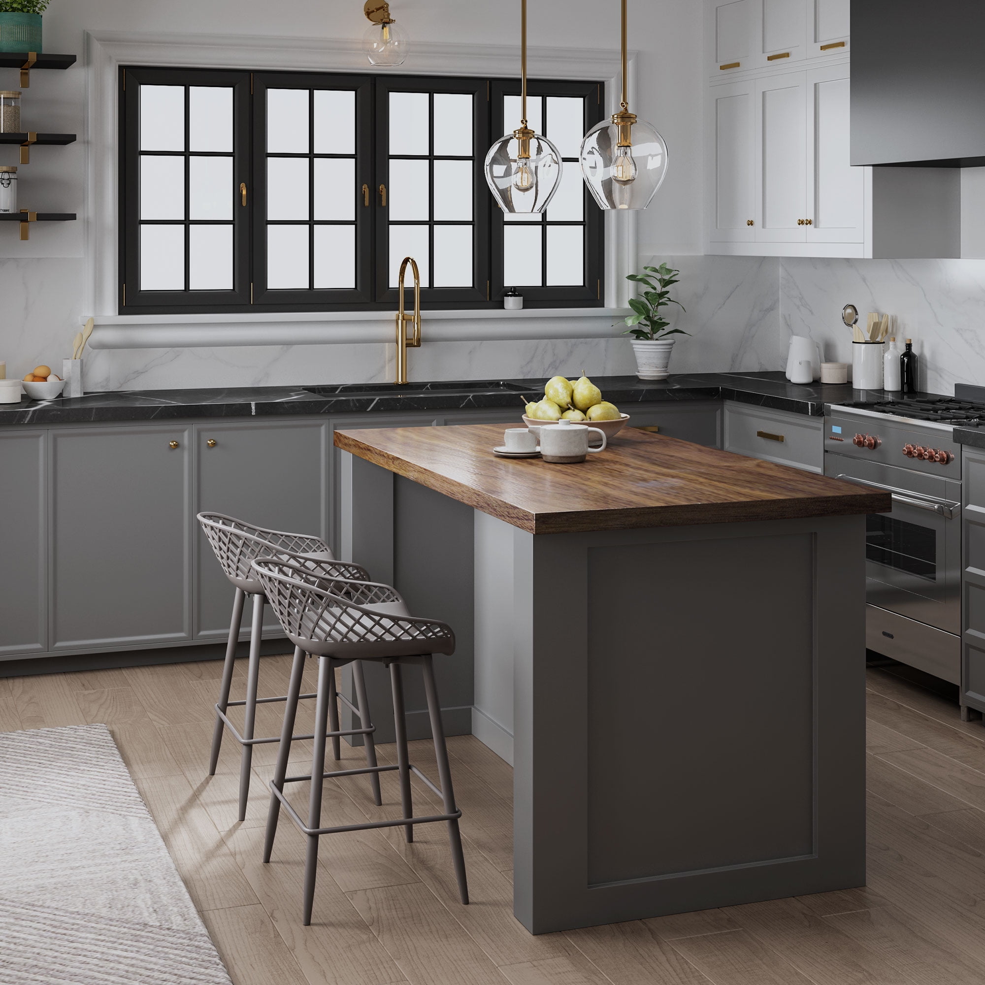 Warm Gray Wood and Metal Low-Back Counter Stools, Set of 2