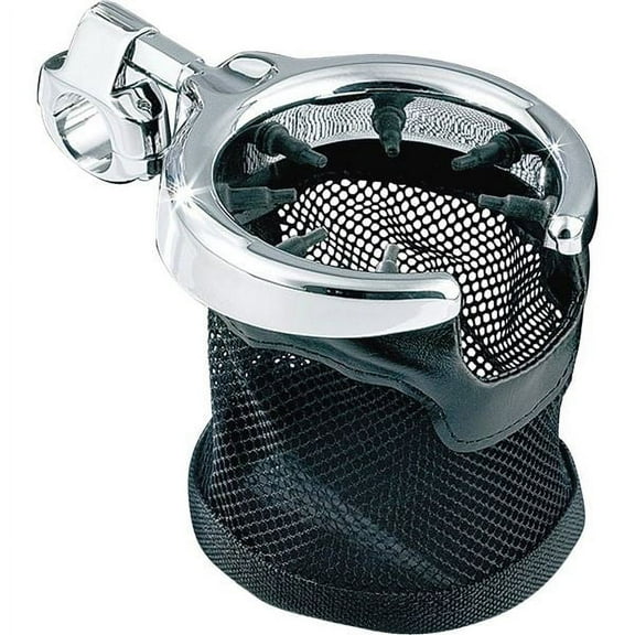 Kuryakyn 1475 Motorcycle Handlebar Accessory: Drink/Cup Holder with Mesh Basket, Universal Fit for Motorcycles with 1-1/4" Diameter Bars, Chrome
