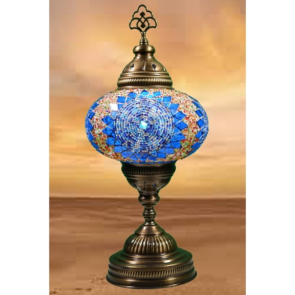 KusKuus Handmade 14" LED Table Lamp Turkish Moroccan Mosaic Table, Bedside, Night Lamp Decorative Glass Bohemian Vintage Lamp Shade with US Plug and E12 Candelabra Socket with 8w LED Bulb Wave BSC4