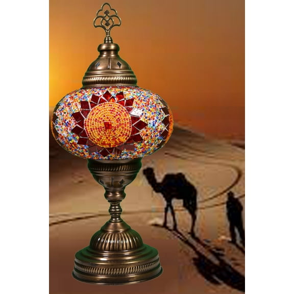 KusKuus Handmade 14" LED Table Lamp Turkish Moroccan Mosaic Table, Bedside, Night Lamp Decorative Glass Bohemian Vintage Lamp Shade with US Plug and E12 Candelabra Socket with 8w LED Bulb Wave BSC9