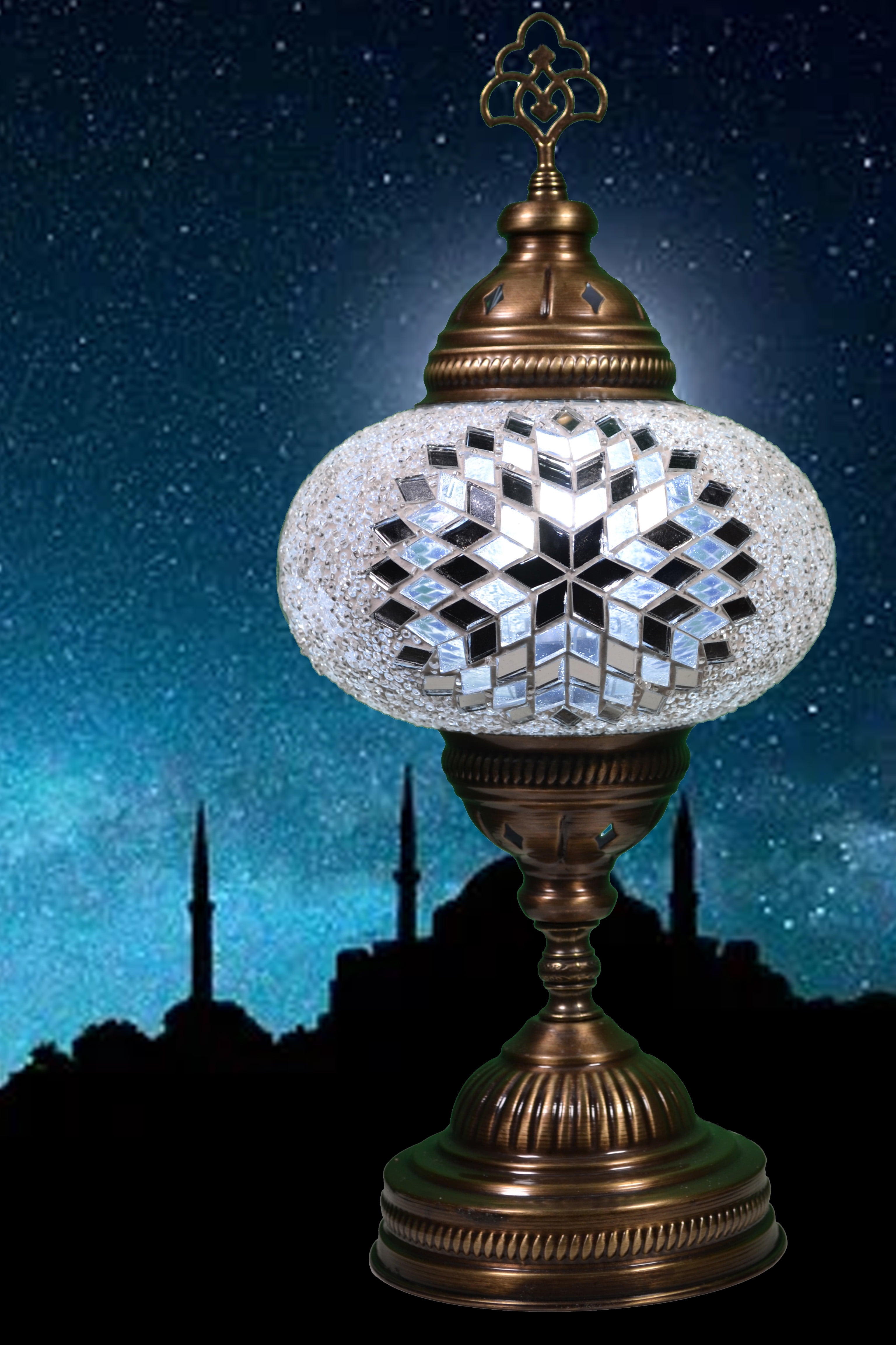 KusKuus Handmade 14 White LED Table Lamp Turkish Mosaic Boho Bedside Night Lamp Vintage Mosaic Table Lamp Stained Glass Globe Brass Colored Base with 8W LED Bulb and US Plug BSC11