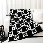 Kuscheln Black and White Bow Throw Blanket, 50 x 60 Inch Preppy Cute Flannel Throw Blankets, Cozy Soft Lightweight Plush Gift for Couch Sofa Bed Travel, Nap Blankets