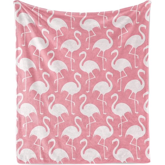 Kuscheln Flamingo Throw Blanket, Exotic Flamingo Pattern Silhouette in Monochrome Modern Style, Flannel Accent Soft Couch Cover for Adults, Pink and White