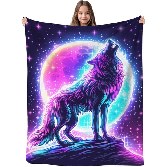 Kuscheln Galaxy Wolf Blanket - Cute Howling Moon Design for Kids, Boys, Girls - Soft Plush Space Sparkle Starry Star Gift - Unique Birthday Present - Blue Pink