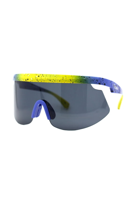 Kush 80s Paint Splatter Sport Half Rim Shield Sunglasses Yellow Blue Black