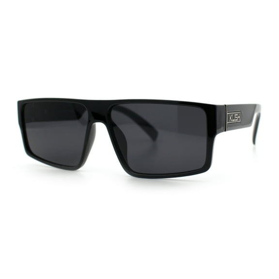 Kush Mens Bold Angle Flat Top Square Rectangle All Black Plastic Sunglasses Silver Logo