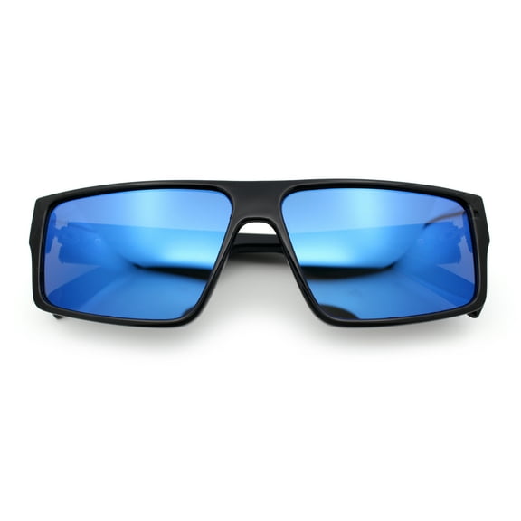Kush Mens Bold Angular Line Flat Top Rectangle Plastic Sunglasses Shiny Black - Blue Mirror