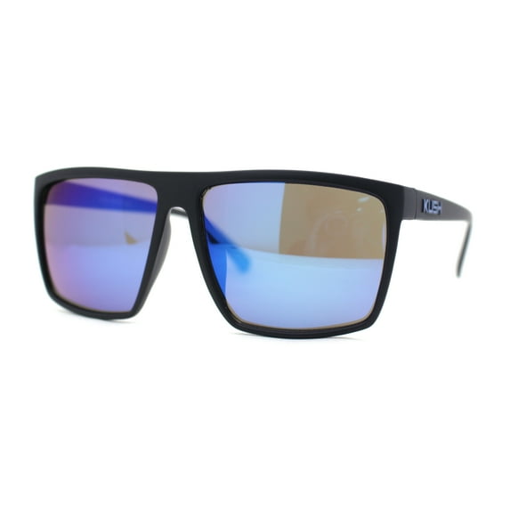 Kush Mens Oversized Flat Top Color Mirror Matte Plastic Rectangle Sunglasses Blue Logo - Blue Mirror