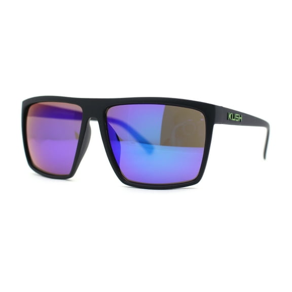 Kush Mens Oversized Flat Top Color Mirror Matte Plastic Rectangle Sunglasses Green Logo - Teal Mirror