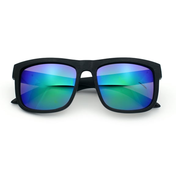Kush Mirrored Brushed Plastic Wood Grain Iconic Horn Rim Sunglasses Black Wood - Teal Mirror