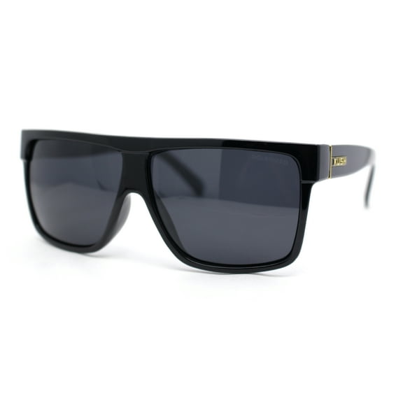 Kush Polarized Antiglare Flat Top All Black Oversized Rectangle Gangster Sunglasses Gloss - Gold Logo