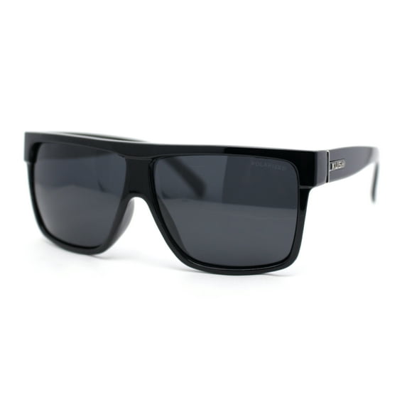Kush Polarized Antiglare Flat Top All Black Oversized Rectangle Gangster Sunglasses Gloss - Silver Logo