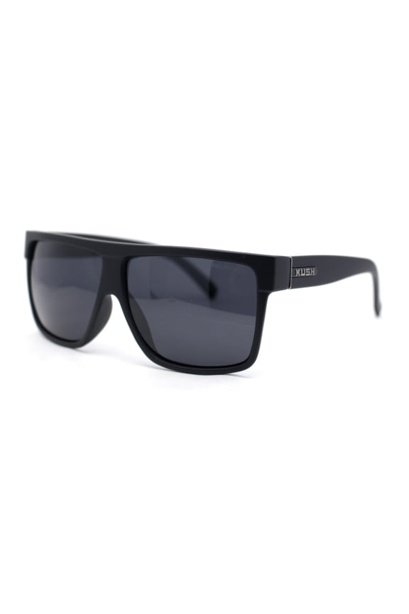 Kush Polarized Antiglare Flat Top All Black Oversized Rectangle Gangster Sunglasses Matte - Silver Logo
