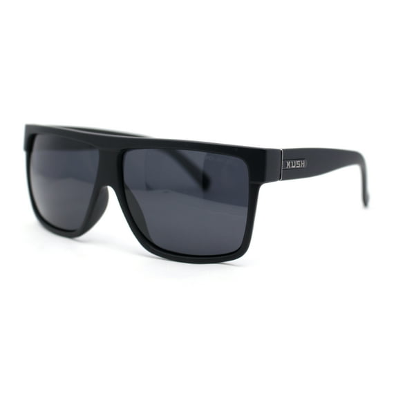 Kush Polarized Antiglare Flat Top All Black Oversized Rectangle Gangster Sunglasses Matte - Silver Logo