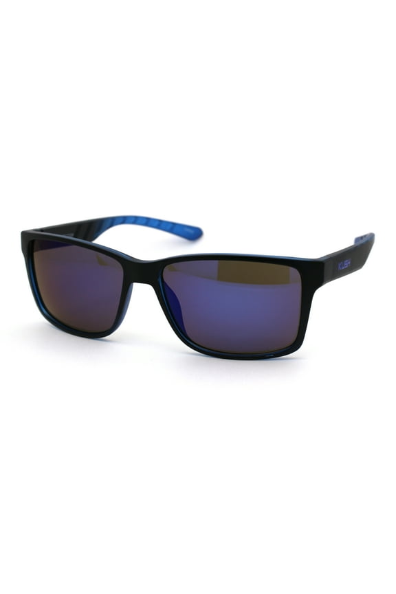 Kush Reflective Lens Sport Rectangular Biker Warp Sunglasses Matte Black Blue Mirror