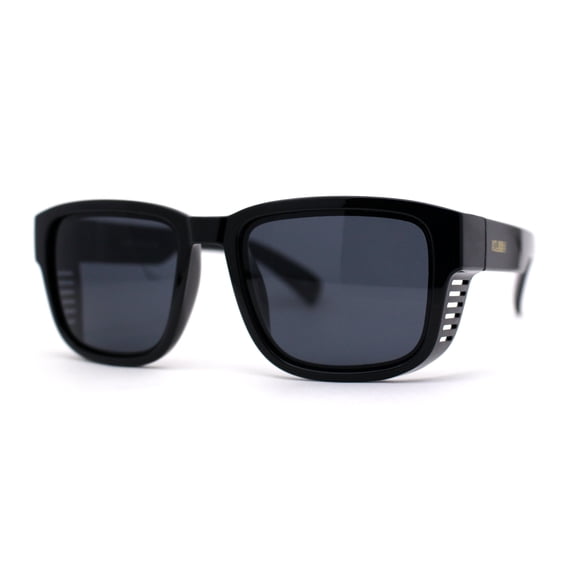 Kush Vented Side Visor Horn Rim Rectangle Plastic Sunglasses Shiny Black Gold Logo