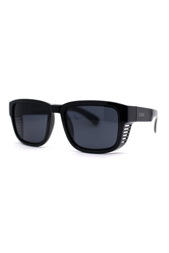 Kush Vented Side Visor Horn Rim Rectangle Plastic Sunglasses Shiny Black Silver Logo