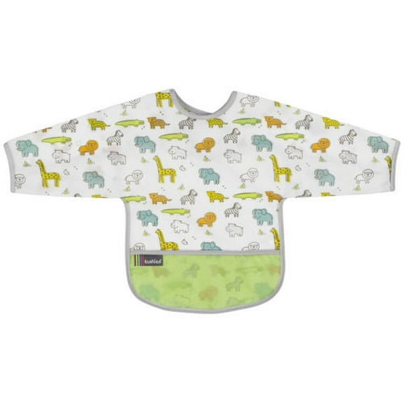 Kushies Cleanbib Art Smock Waterproof Clean Bib w/Pocket & Long Sleeves (12-24 Months, White Little Safari)