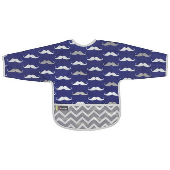Kushies Cleanbib Art Smock Waterproof Clean Bib w/Pocket & Long Sleeves (2-4 Years, Navy Mustache)