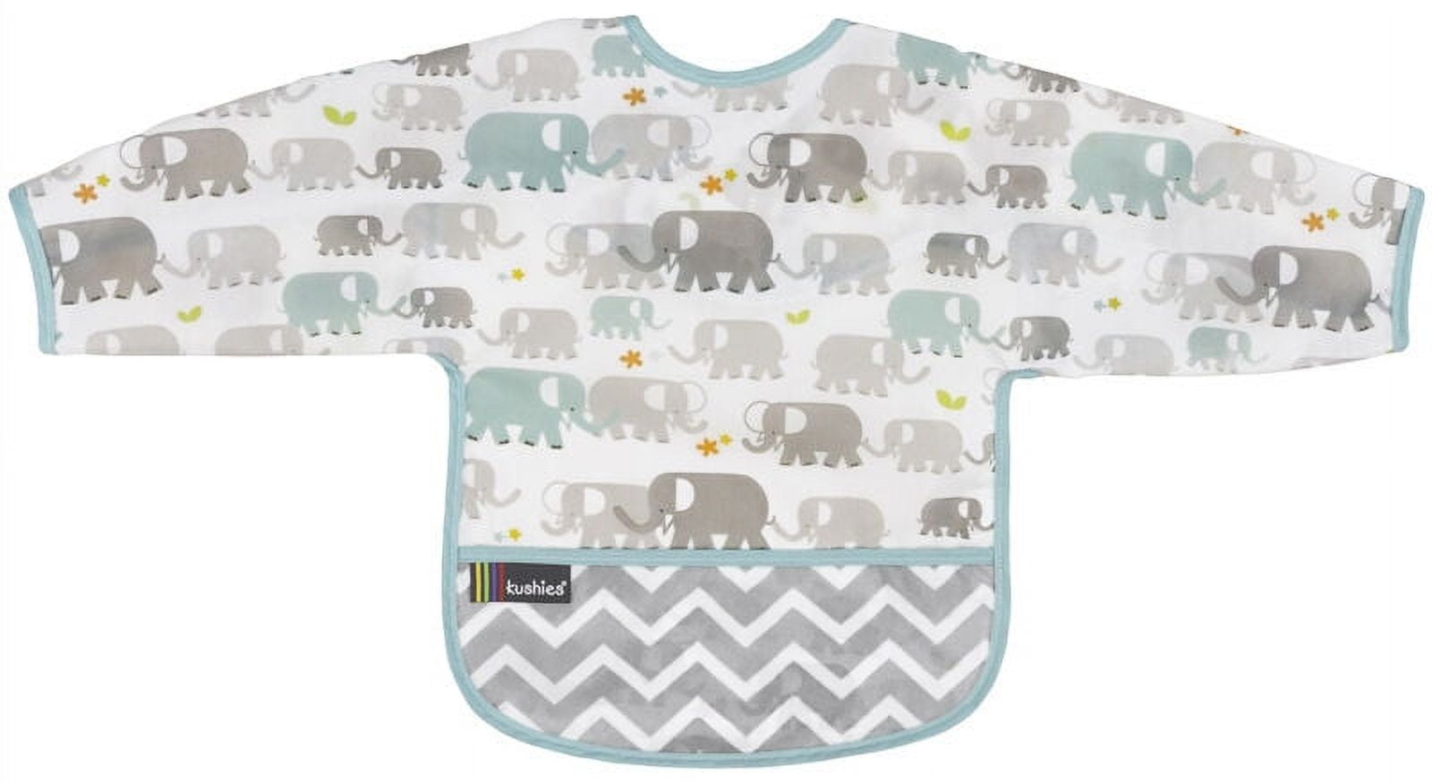 Kushies Cleanbib Art Smock Waterproof Clean Bib w/Pocket & Long Sleeves (2-4 Years, White Elephants)