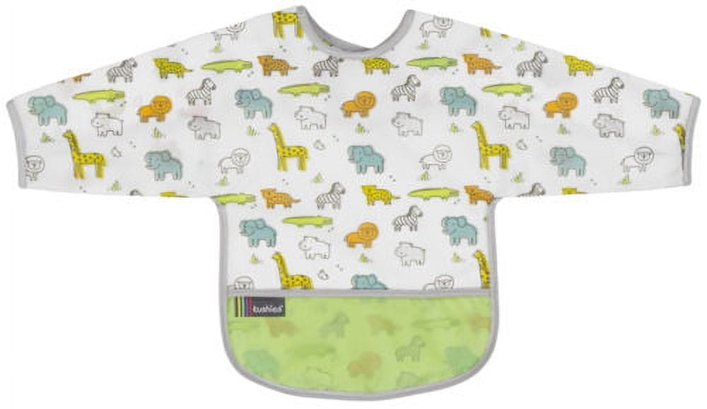 Kushies Cleanbib Art Smock Waterproof Clean Bib w/Pocket & Long Sleeves (2-4 Years, White Little Safari)