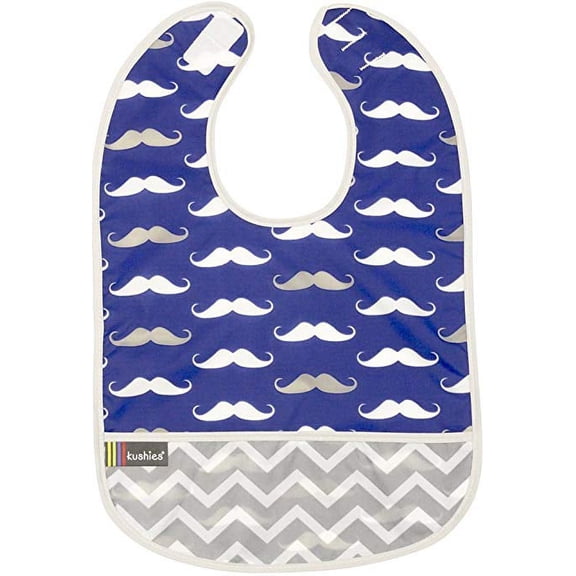 Kushies Cleanbib Infant or Toddler Waterproof Clean Bib with Pocket, 6-12 Months, Navy Mustache