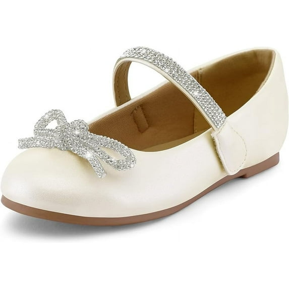 Kushyshoo Beige Girl's Bow Mary Jane Dress Shoes Ballet Princess Flats with Rhinestone Strap 2M