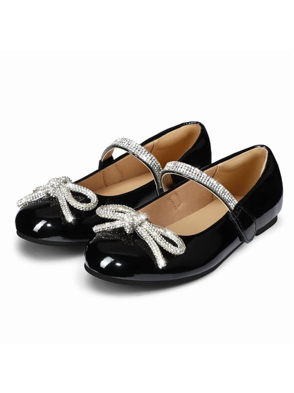 Black Girl's Bow Mary Jane Dress Shoes Ballet Princess Flats with Rhinestone Strap 11M
