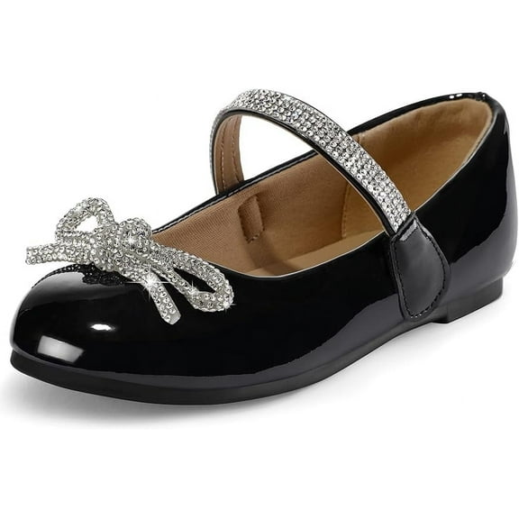 Kushyshoo Black Girl's Bow Mary Jane Dress Shoes Ballet Princess Flats with Rhinestone Strap 11M
