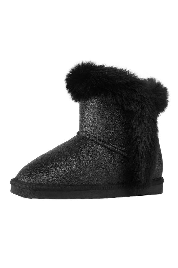 Black Girls Snow Boots Warm Faux Fur Lined Glitter Strap Winter Shoes Lightweight with Hook-and-loop Size 11M