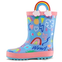Kushyshoo Blue Rainbow Kids Rain Boots for Girls Toddler Waterproof Rubber Boots with Easy-On Handles Size 9