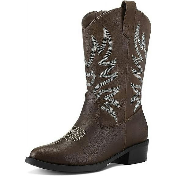 Kushyshoo Cowboy Boots for Girls and Boys Western Mid-Calf Dark Brown Cowgirl Boots Riding Shoes Size 11
