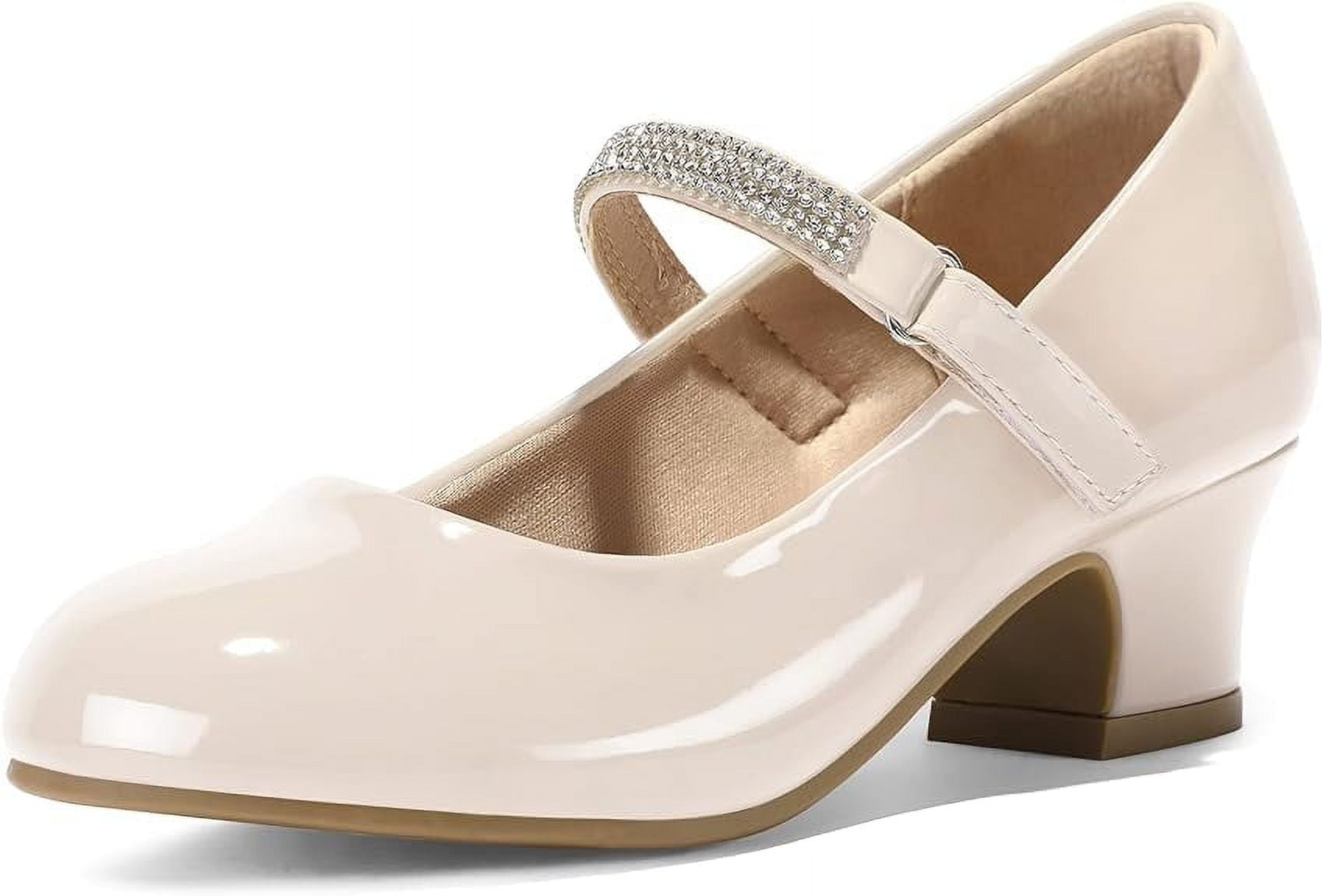 Kushyshoo Girl Mary Jane Shoes Low Heel Rhinestones Princess Flats Beige Dress Pump Shoes for Big Kid Size 3