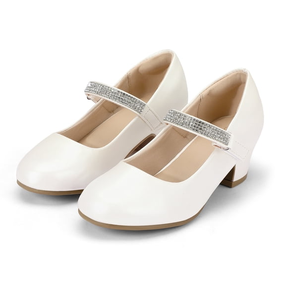 Kushyshoo Girl Mary Jane Shoes Low Heel Rhinestones Princess Flats Beige Dress Pump Shoes for Big Kid Size 3
